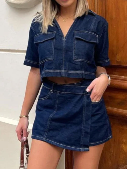 'Chara' Short Sleeve Top and Skort Denim Set - Celes Fashion